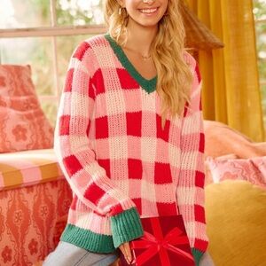 Festive Red and White Checkered Sweater